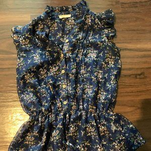 Navy Floral Ruffled Sheer Top